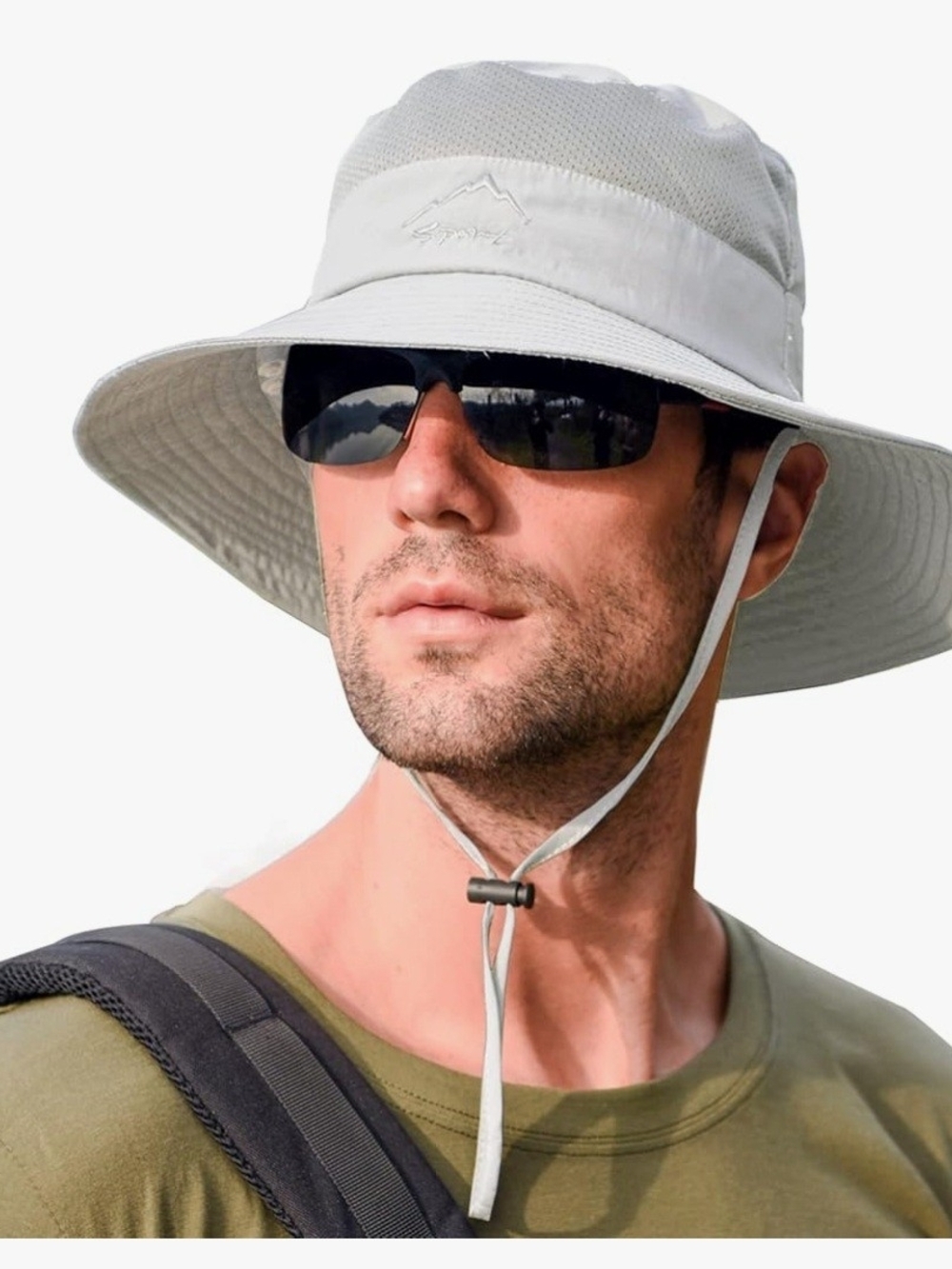 Light Gray Wide-Brim Sun Hat with Chin Strap - SPF 50